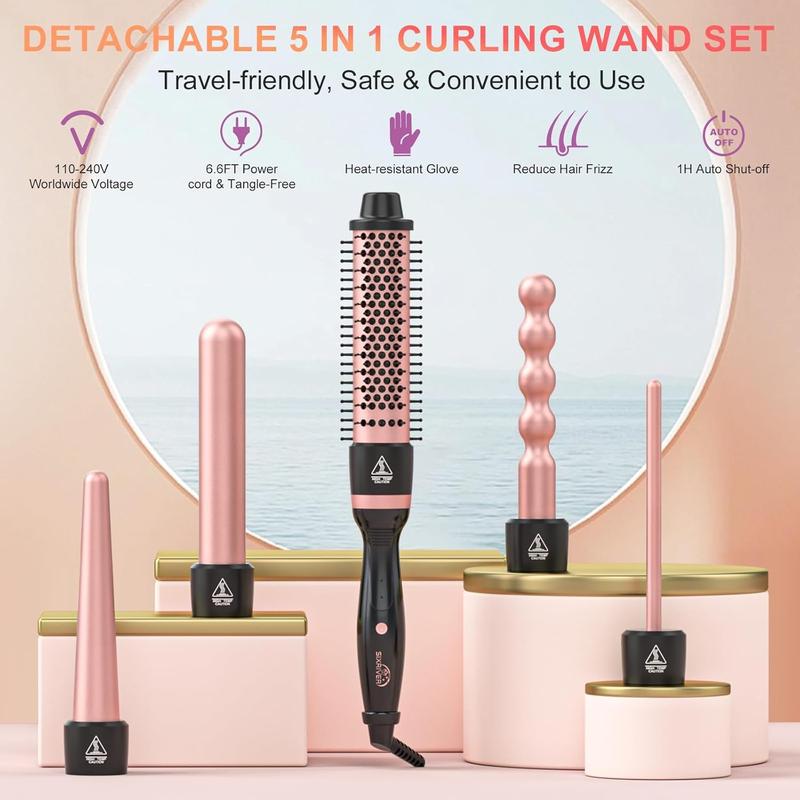 5 in 1 Curling Wand Set, Hair Curling Iron with Curling Thermal Brush&4 Interchangeable Ceramic Curling Wand(0.4