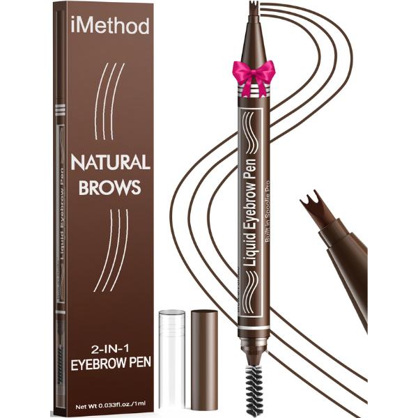 iMethod Microblading Eyebrow Pen - Eyebrow Pencil 2-in-1 Dual-Ended Eye Brow Pencils for Women with 3-Fork-Tip and Spoolie Brush Create Natural Hair-Like Defined Brows, Last All-Day