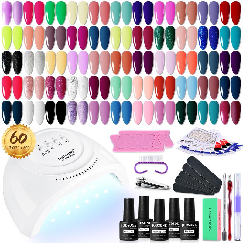 JODSONE Gel Nail Polish Kit 60 PCS with U V Light Soak off Base Top Coat Gel Polish 55 Shine Colors Gel Nail Kit Bright and Dark Brown Wine Red Series Manicure Set for Women and Girls