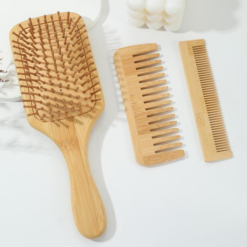 Bamboo Comb Set, 3 Counts set Wooden Large Brush, Smooth and Straighten Hair Wide Tooth Brush and Fine Tooth Brush for Detangling, Styling and Heat Resistance