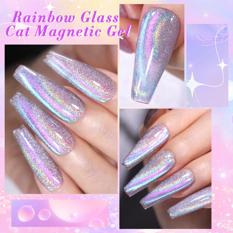 BORN PRETTY Rainbow Glass Cat Eye Gel Polish Set 6 Colors Nail Art With Magnetic Stick Nail Polish Gel Need UV light Nail Care Gift For Women&Girls Salon Style