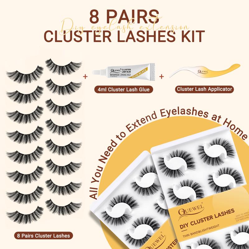 QUEWEL Lash Clusters Kit 8 Pairs Eyelashes Clusters with Cluster Eyelashes Applicator and Eyelash Cluster Glue [US Shipping](QU35 Kit)