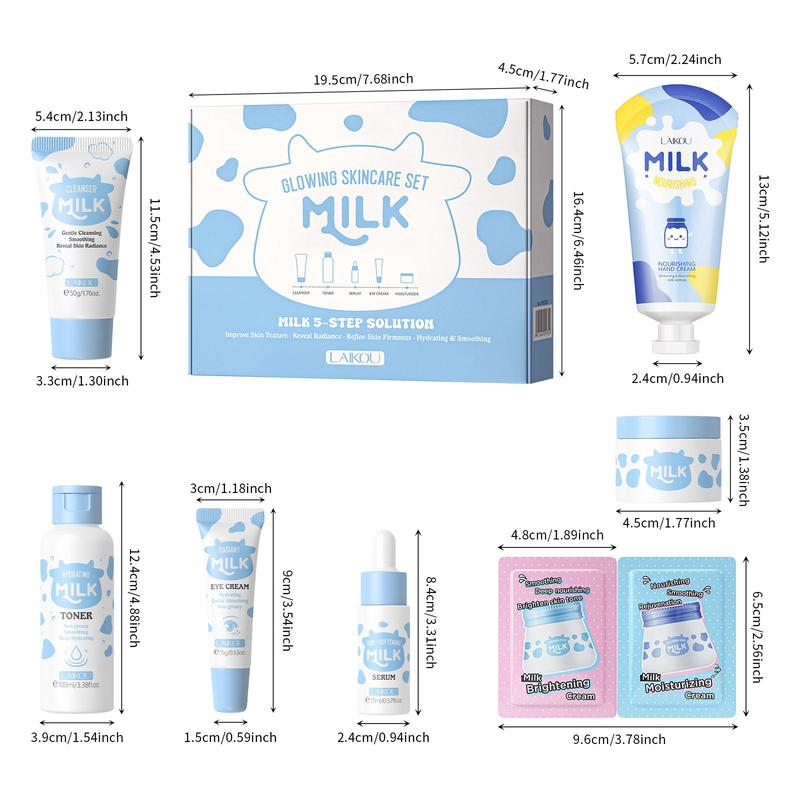 Milk Skincare Set, Moisturizing Skin Care Kit, Including Cleanser, Toner, Serum, Eye Cream, Face Moisturizer, Hand Cream, Facial Skin Care Product for Women, Christmas Gift