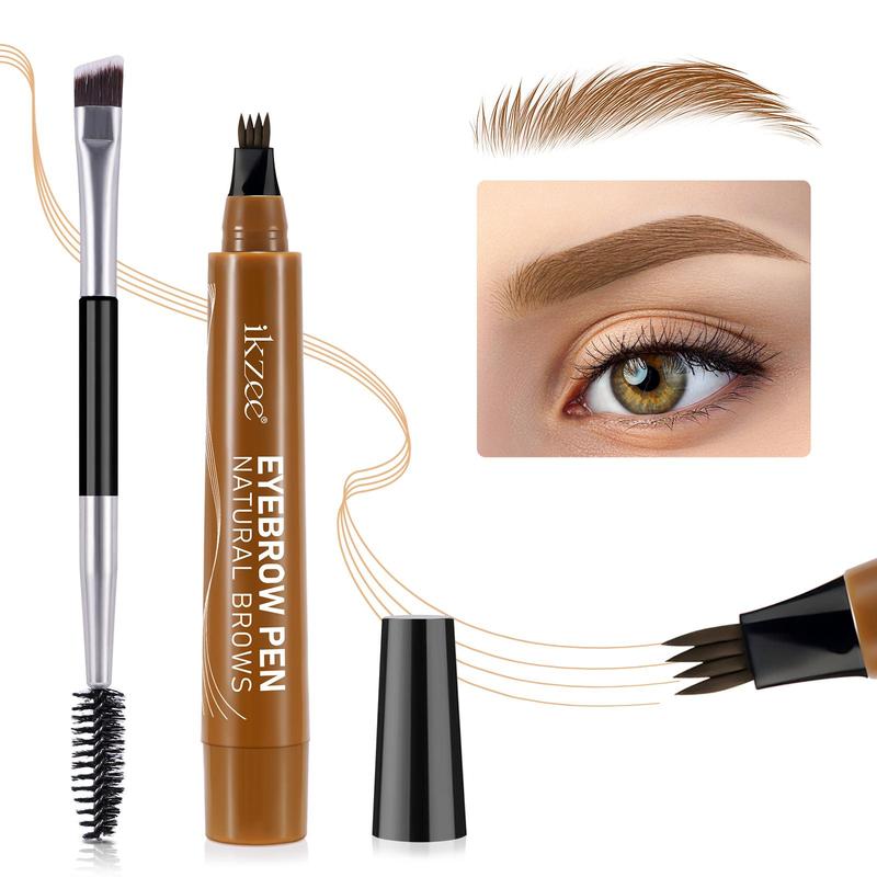 Long Lasting Eyebrow Pencil Kit, 1 Count 4-fork Eyebrow Pencil & 1 Count Double-ended Brush, Portable Makeup Tool for Women and Girls