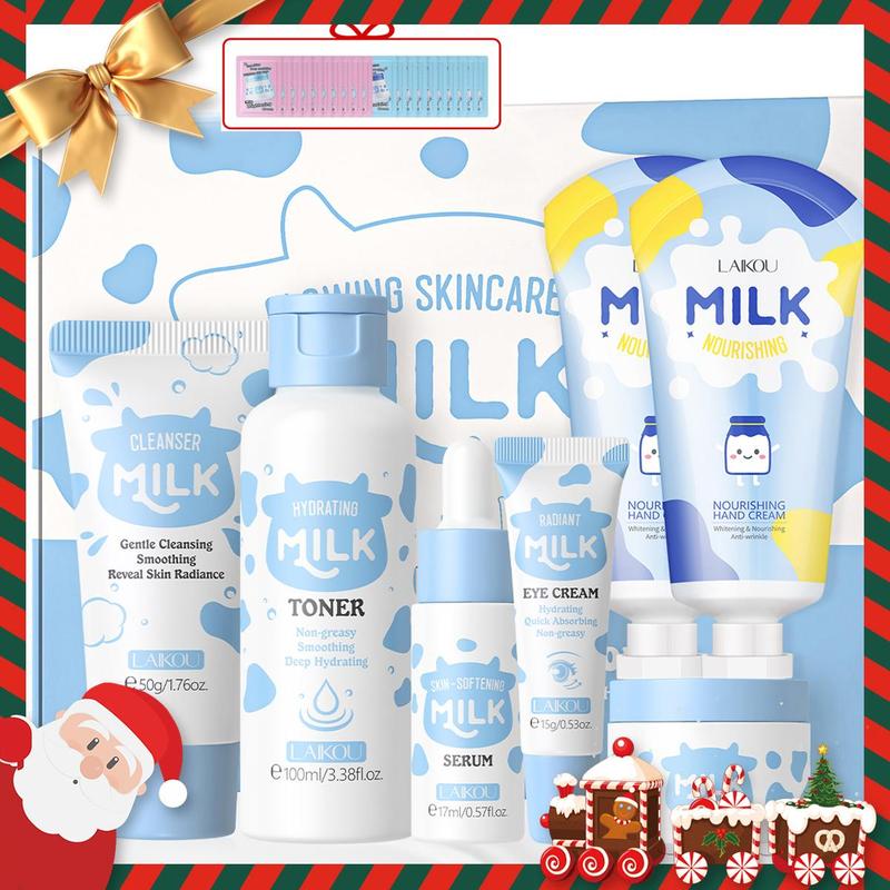 Milk Skincare Set, Moisturizing Skin Care Kit, Including Cleanser, Toner, Serum, Eye Cream, Face Moisturizer, Hand Cream, Facial Skin Care Product for Women, Christmas Gift