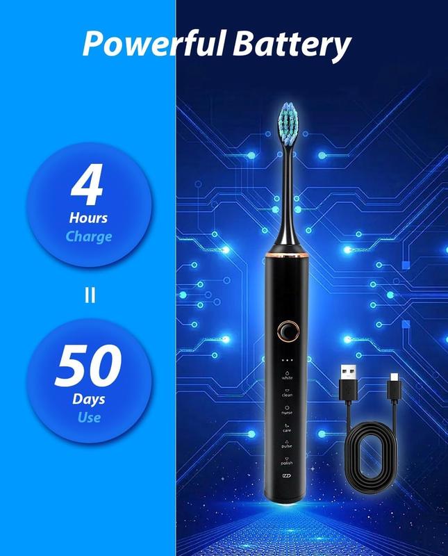 Sonic Electric Toothbrush for Adults, 8 Brush Heads with 37000VPM Deep Clean and 6 Modes, Rechargeable and Waterproof - Vibrating