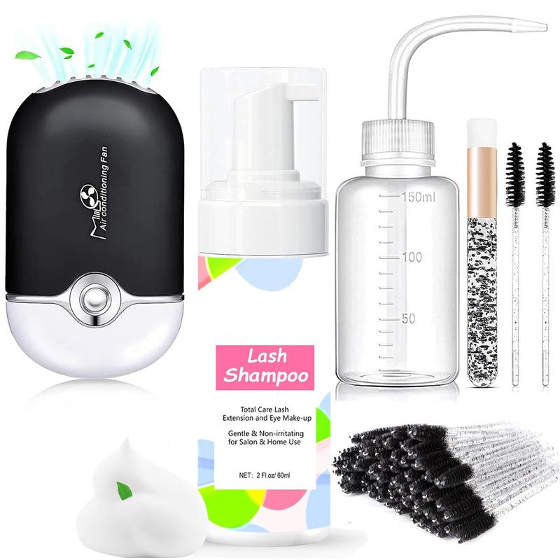 Lash Cleaning Kit with Lash Fan Dryer Lash Shampoo for Lash Extensions Makeup Cleansing Foam for Lash Care, Black