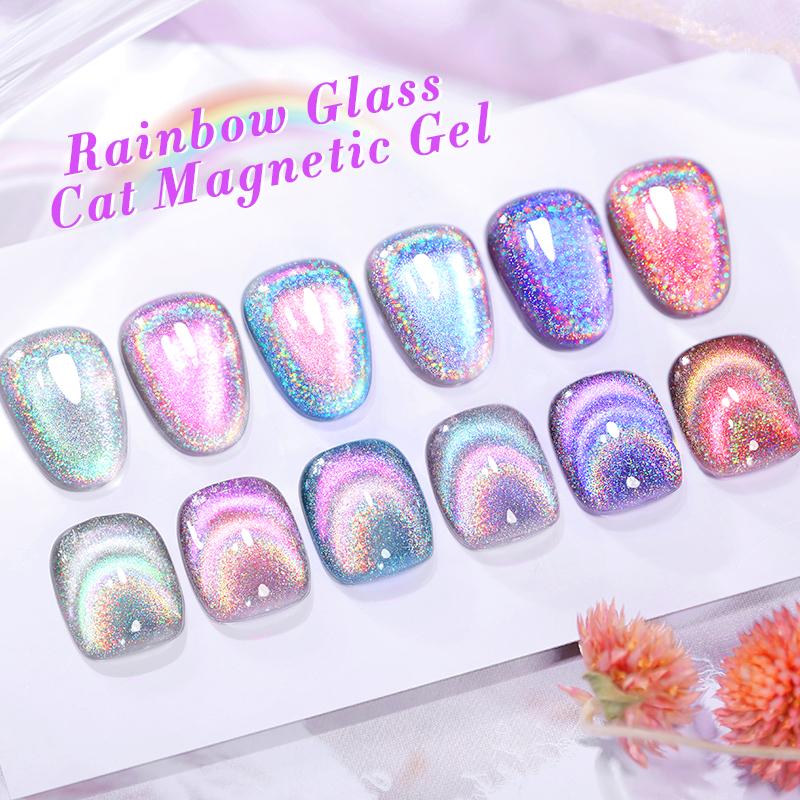 BORN PRETTY Rainbow Glass Cat Eye Gel Polish Set 6 Colors Nail Art With Magnetic Stick Nail Polish Gel Need UV light Nail Care Gift For Women&Girls Salon Style