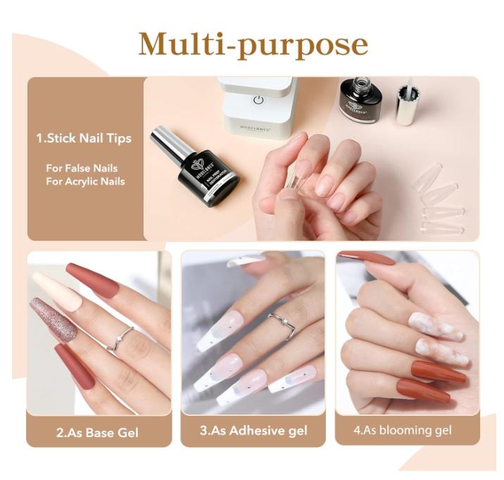 Modelones 4 in 1 Nail Glue Gel Nail Prep Dehydrate Gel Nail Kit Nail Extension Set for False Nail Tips Acrylic Nails Base Gel Bloom Gel Adhesive Bond, Long Lasting Curing Needed