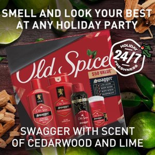 ($50 Value) Old Spice Holiday Gift Pack for Men,  Body Wash, Aluminum Free Deodorant, Body Spray & 2 in 1 Shampoo, Swagger Scent