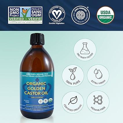 Organic Golden Castor Oil - (16.9oz) | 100% Pure & Expeller-Pressed for Hair, Skin & Digestion | Hexane Free | USDA Certified