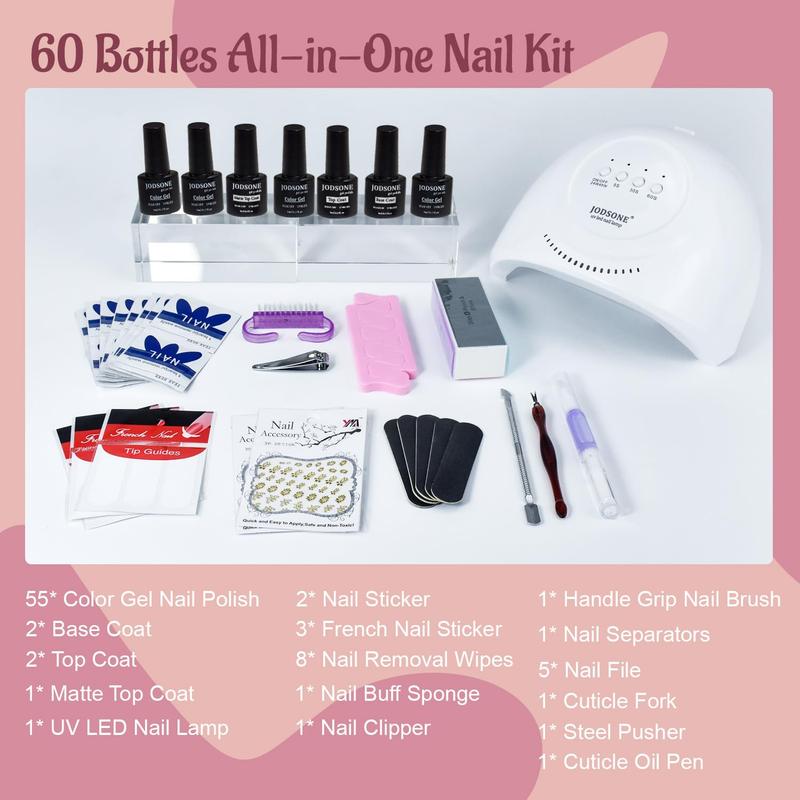 JODSONE Gel Nail Polish Kit 60 PCS with U V Light Soak off Base Top Coat Gel Polish 55 Shine Colors Gel Nail Kit Bright and Dark Brown Wine Red Series Manicure Set for Women and Girls