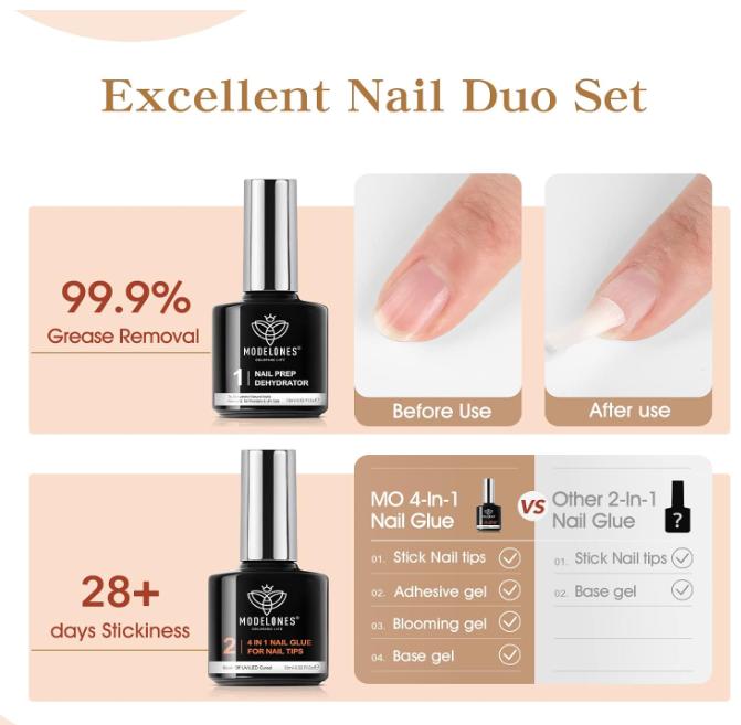 Modelones 4 in 1 Nail Glue Gel Nail Prep Dehydrate Gel Nail Kit Nail Extension Set for False Nail Tips Acrylic Nails Base Gel Bloom Gel Adhesive Bond, Long Lasting Curing Needed