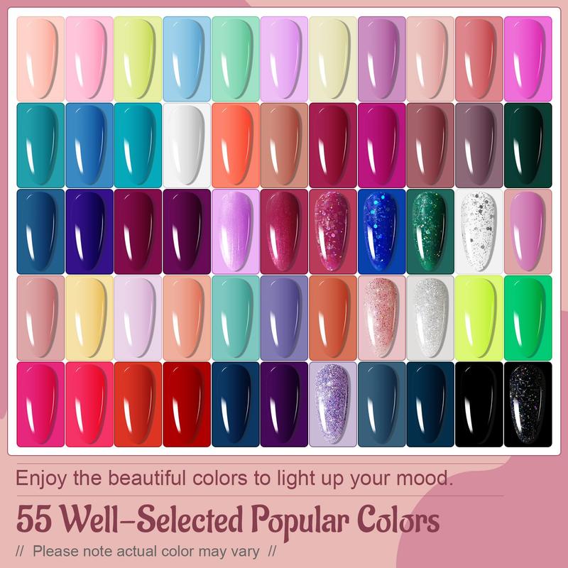 JODSONE Gel Nail Polish Kit 60 PCS with U V Light Soak off Base Top Coat Gel Polish 55 Shine Colors Gel Nail Kit Bright and Dark Brown Wine Red Series Manicure Set for Women and Girls