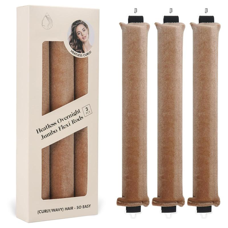 Overnight Blowout Rods Jumbo Heatless Hair Curler, Heatless Curls Satin Jumbo Flexi Rods to Sleep in,Soft Heatless Rod for All Hair Types,No Heat Overnight Sleeping Curls Styling Tools 3pcs Khaki Haircare Durable