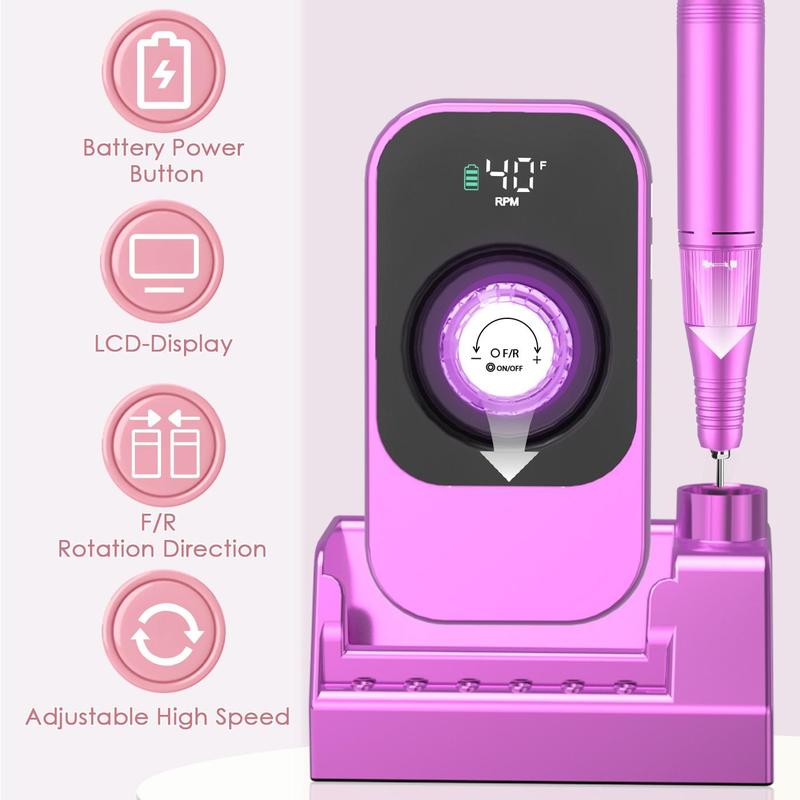 Portable Nail Drill Electric Nail File Tool, Professional Rechargeable Nail File Machine, Cordless Nail Drill with Bits & Base for Acrylic Nails Remove Nail Gel Polish Manicure for Salon Home