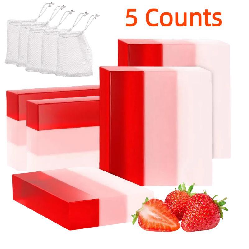 Strawberry Soap Bar, 5 Counts set Natural Yoni Bar, PH Balanced & Cleansing Bar Soap for Women, Natural Soap Bar with Bubble Foam Net