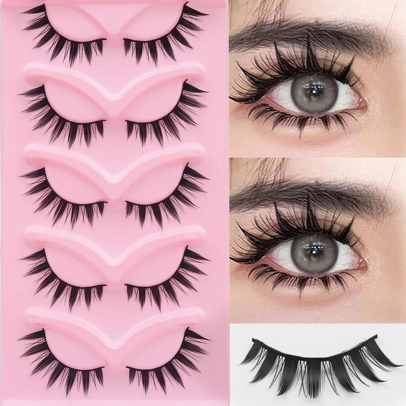 Doll Style False Eyelashes, 5 Pairs Wispy Cat Eye Strip Faux Lashes, Volumized False Eyelashes for Women and Girls Eye Makeup Enhancement