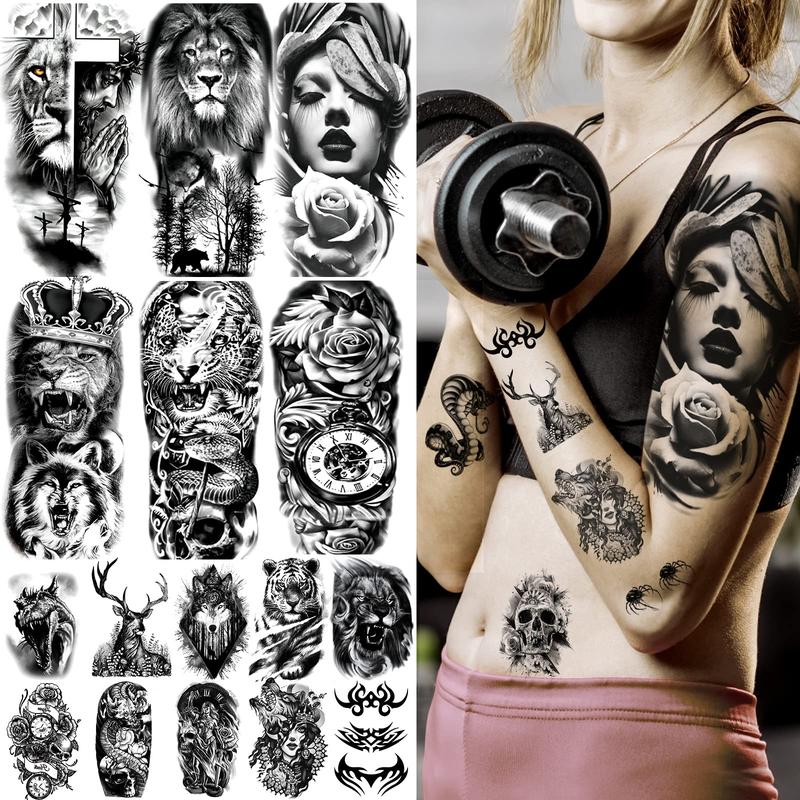 72 Sheets Temporary Tattoo Stickers for Men and Women Adults, Including 12 Sheets Black 3D Half Sleeve Temporary Tattoo Stickers, Halloween Tattoo Horror Lion Wolf Tiger Skull Skeleton Tattoo Stickers