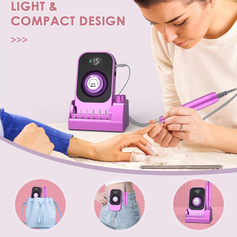 Portable Nail Drill Electric Nail File Tool, Professional Rechargeable Nail File Machine, Cordless Nail Drill with Bits & Base for Acrylic Nails Remove Nail Gel Polish Manicure for Salon Home