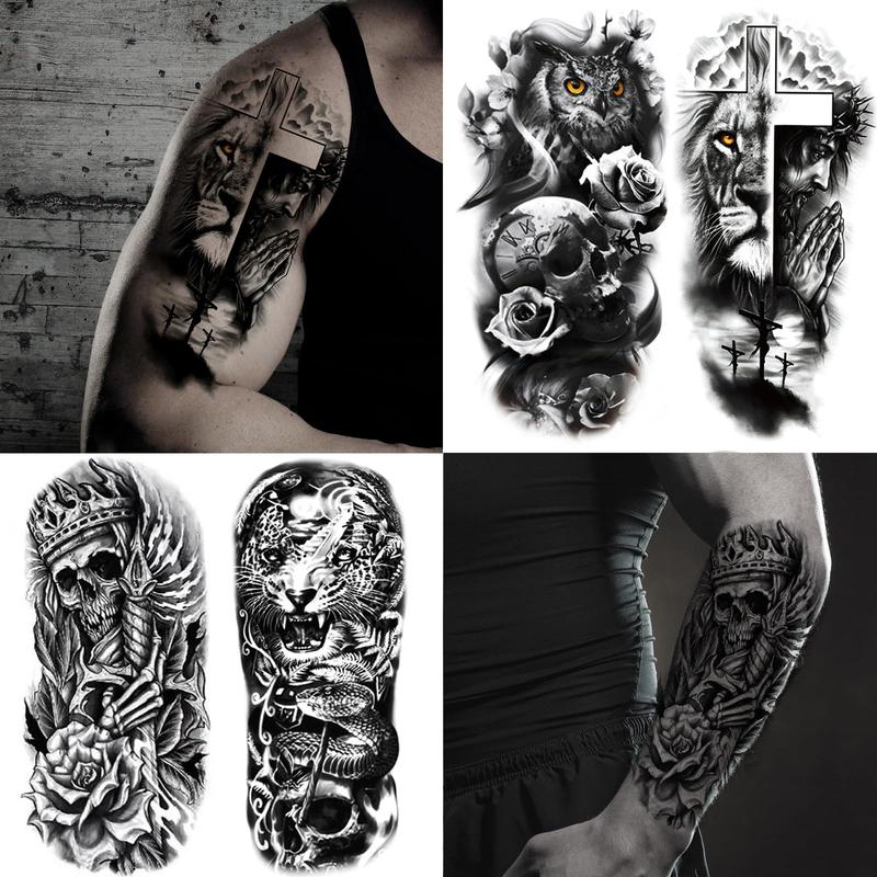 72 Sheets Temporary Tattoo Stickers for Men and Women Adults, Including 12 Sheets Black 3D Half Sleeve Temporary Tattoo Stickers, Halloween Tattoo Horror Lion Wolf Tiger Skull Skeleton Tattoo Stickers