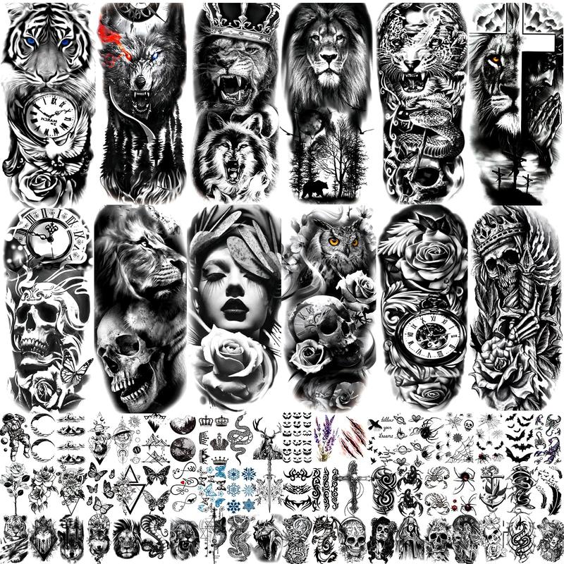 72 Sheets Temporary Tattoo Stickers for Men and Women Adults, Including 12 Sheets Black 3D Half Sleeve Temporary Tattoo Stickers, Halloween Tattoo Horror Lion Wolf Tiger Skull Skeleton Tattoo Stickers