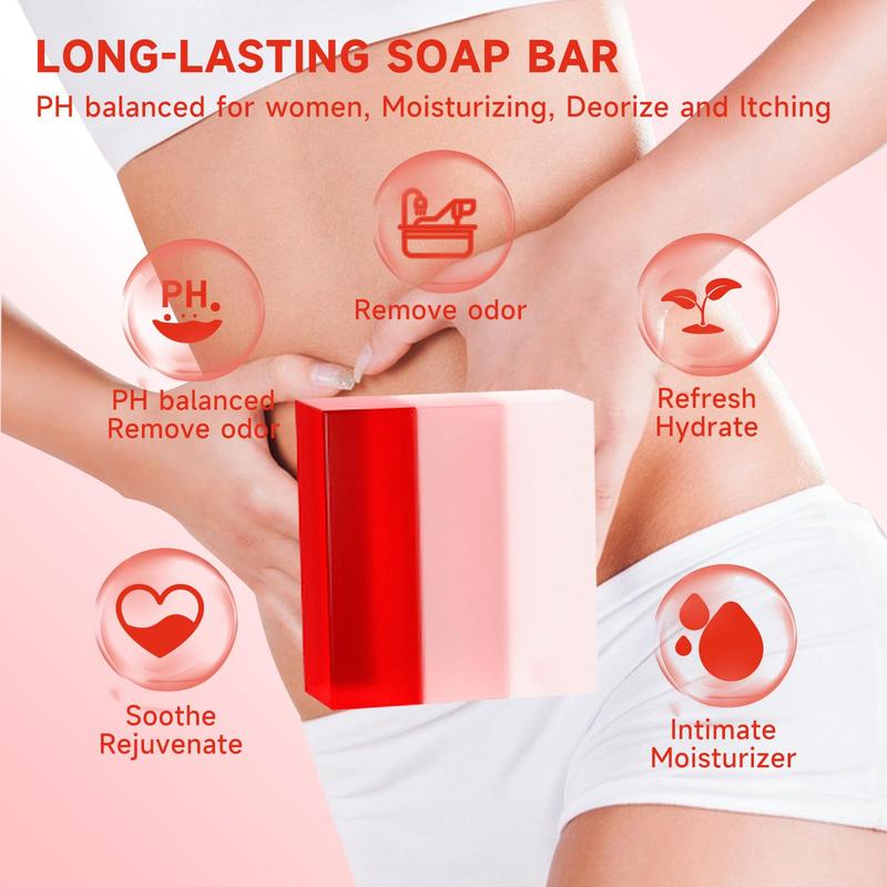 Strawberry Soap Bar, 5 Counts set Natural Yoni Bar, PH Balanced & Cleansing Bar Soap for Women, Natural Soap Bar with Bubble Foam Net