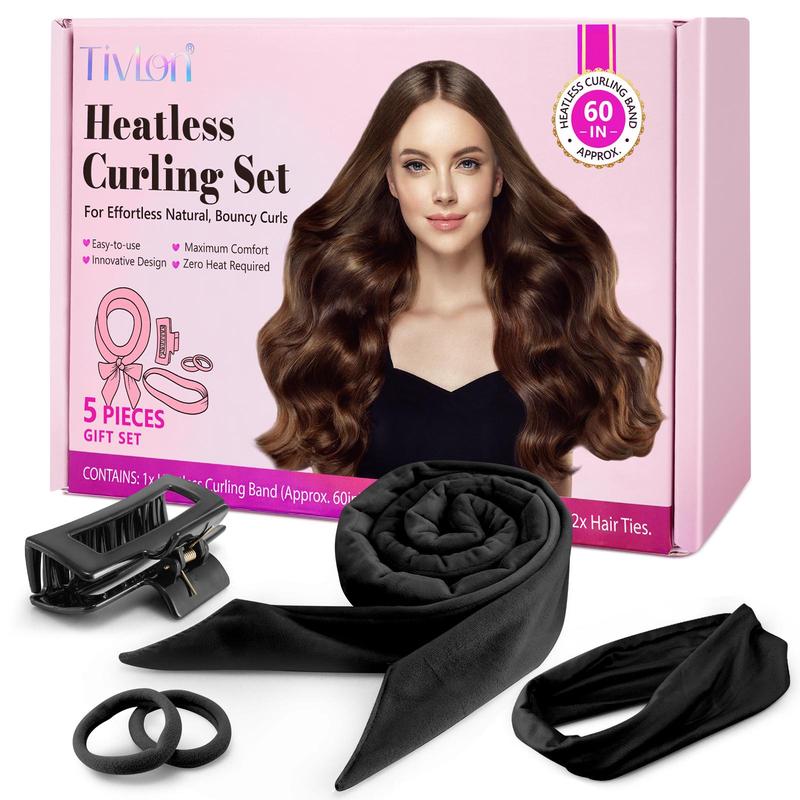 Heatless Curling Rod Headband Set, 5 Counts set No Heat Ribbon Curling Rod Hair Roller Curls with Hair Ties, Natural Soft Wave Diy Hair Rollers