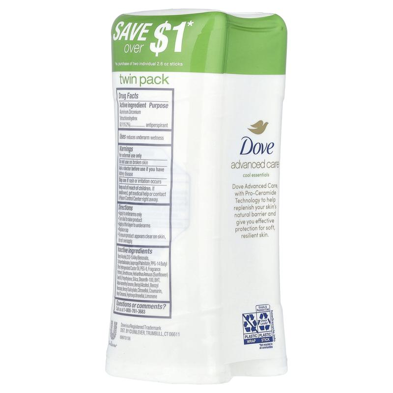 Dove Advanced Care, Anti-Perspirant Deodorant, Cool Essentials, 2 Pack, 2.6 oz (74 g) Each