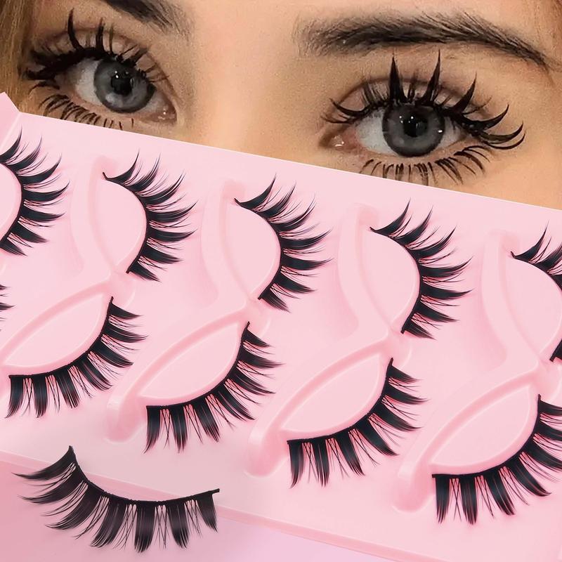 Doll Style False Eyelashes, 5 Pairs Wispy Cat Eye Strip Faux Lashes, Volumized False Eyelashes for Women and Girls Eye Makeup Enhancement