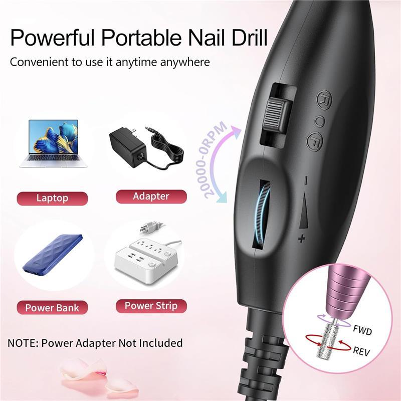 Professional Acrylic Nail Drill Machine for Gel with Iridescent Bits and 26 Sanding Bands