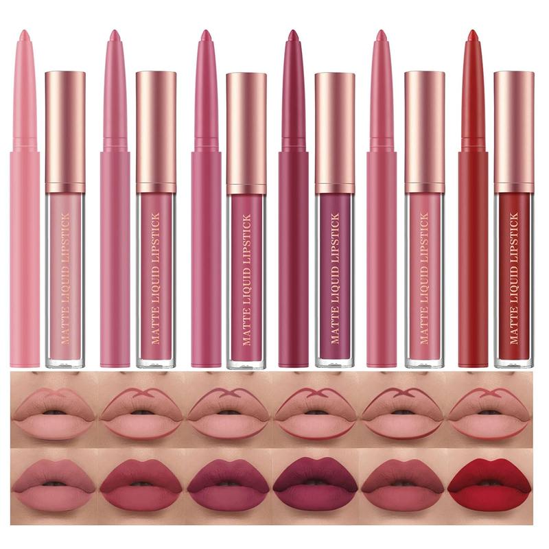 12Pcs Matte Liquid Lipstick + Lip Liner Pens Set, One Step Lips Makeup Sets Pigment Velvety Nude Lip Stain Waterproof Long Wear Lip Gloss Make up Gift Set (Set B) Color Daily