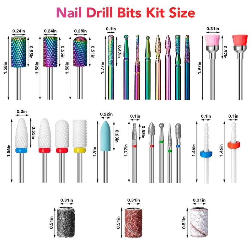 25counts Nail Drill Bits Set - 3 32 Inch Tungsten Carbide Ceramic Nail Bits Kit for Professional Manicure Pedicure Remover for Home Salon Acrylic Gel Nail Polish - With Nail Tool Box, Sanding Bands