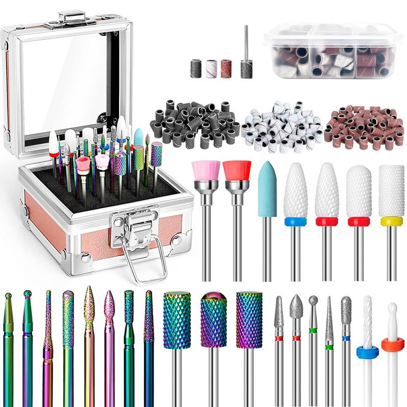 25counts Nail Drill Bits Set - 3 32 Inch Tungsten Carbide Ceramic Nail Bits Kit for Professional Manicure Pedicure Remover for Home Salon Acrylic Gel Nail Polish - With Nail Tool Box, Sanding Bands