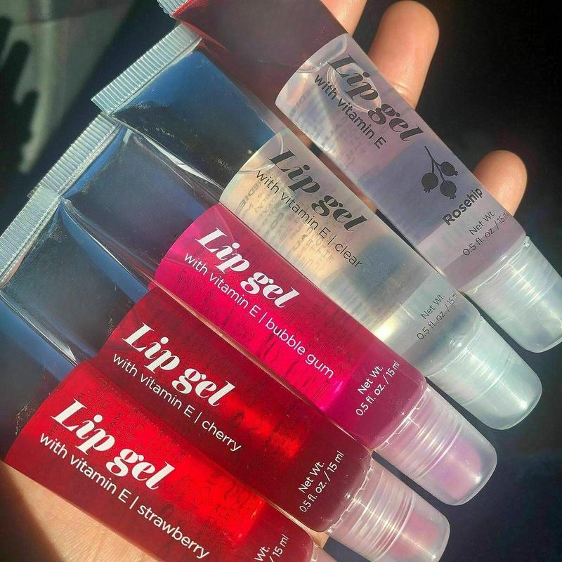 VARIETY SET OF 5 NK Hydrating Lip Gel - Vitamin E (Clear, Rosehip Oil, Bubble Gum, Cherry, Strawberry)