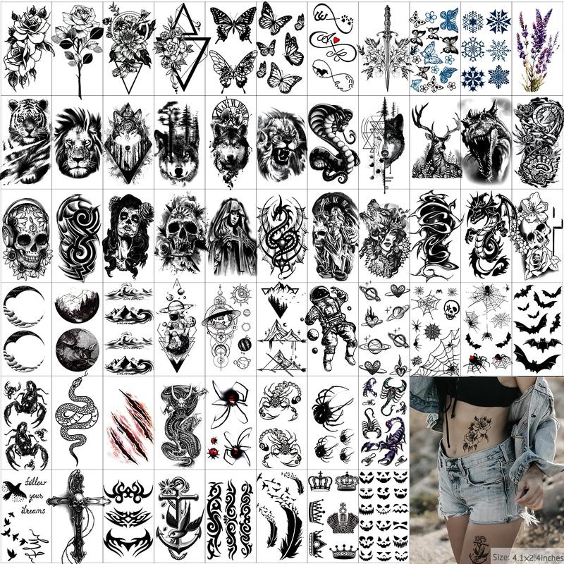 72 Sheets Temporary Tattoo Stickers for Men and Women Adults, Including 12 Sheets Black 3D Half Sleeve Temporary Tattoo Stickers, Halloween Tattoo Horror Lion Wolf Tiger Skull Skeleton Tattoo Stickers