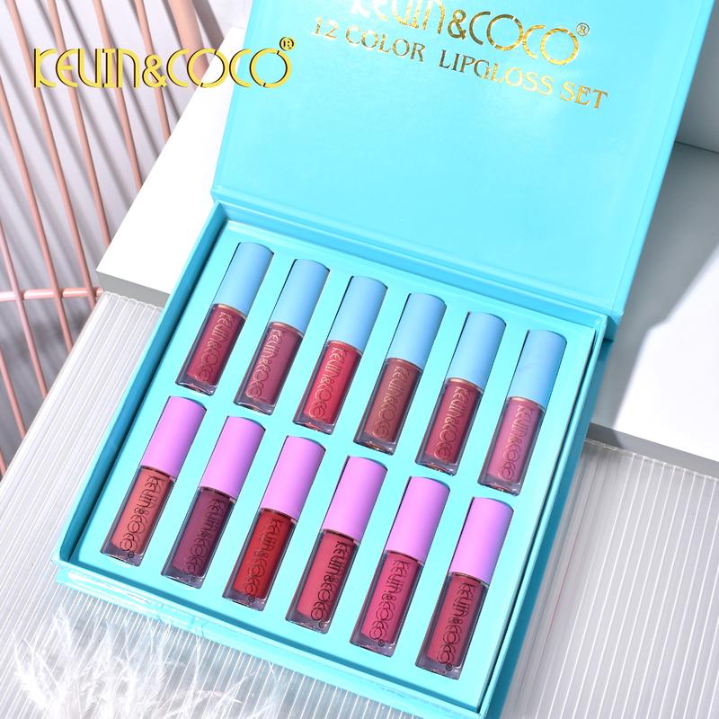 KEVIN&COCO 12-Piece Cloud Girl Lip Gloss Set, 12 Colors Glossy & Matte Finish, Long-Lasting Velvet Liquid Lipstick Kit, Moisturizing, Non-Transfer Liquid Lip Gloss, All Skin Types, High-End Gift Box sparkly lipgloss i love