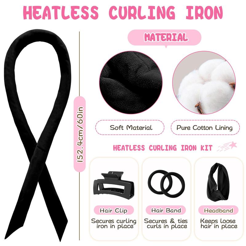 Heatless Curling Rod Headband Set, 5 Counts set No Heat Ribbon Curling Rod Hair Roller Curls with Hair Ties, Natural Soft Wave Diy Hair Rollers