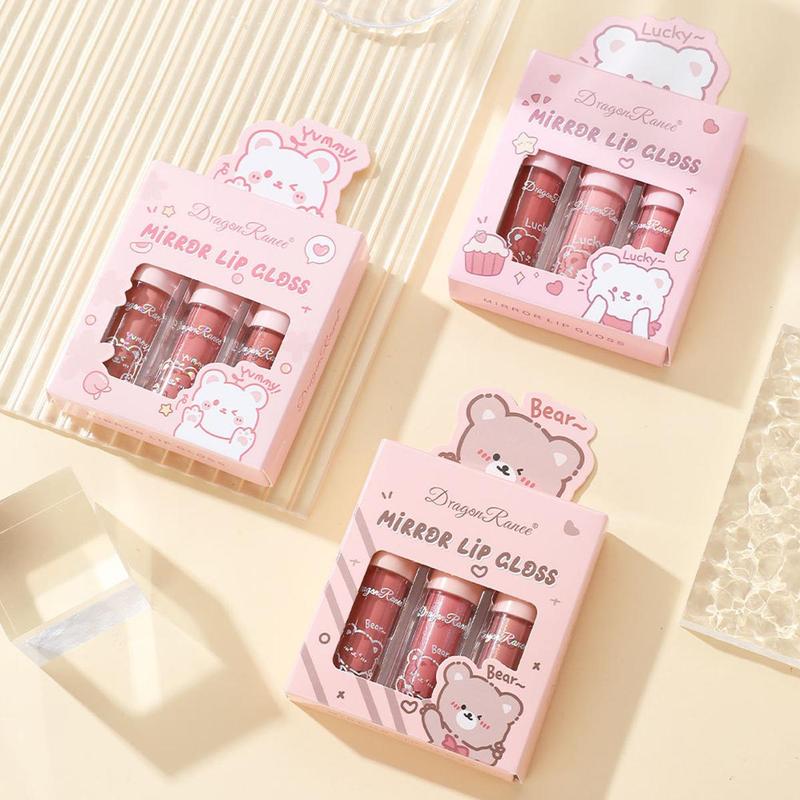 Cute Cartoon Bear Pattern Moisturizing Lip Gloss, 3 Counts set Glitter Mirror Lip Glaze Stick, Plumping Lip Oil for All Occasions Makeup, Christmas Gift