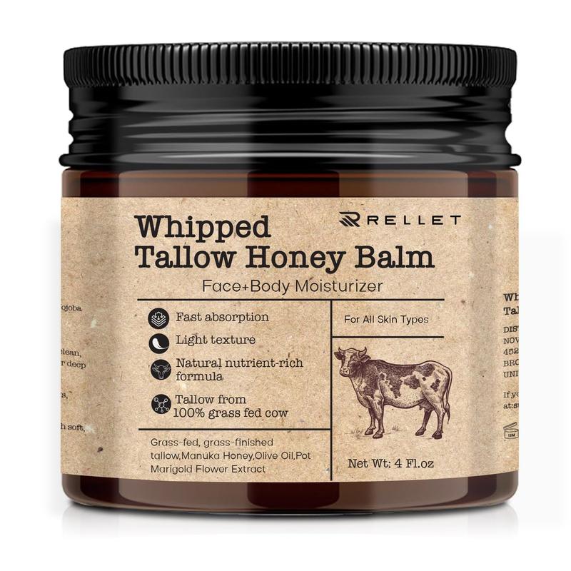 Beef Tallow and Honey Balm for Skin : Grass Fed Whipped Beef Tallow With Honey Face Body Moisturizer 4oz - Organic Unscented Fast Absorption Tallow Cream Infused with Manuka Honey Beeswax Olive Oil