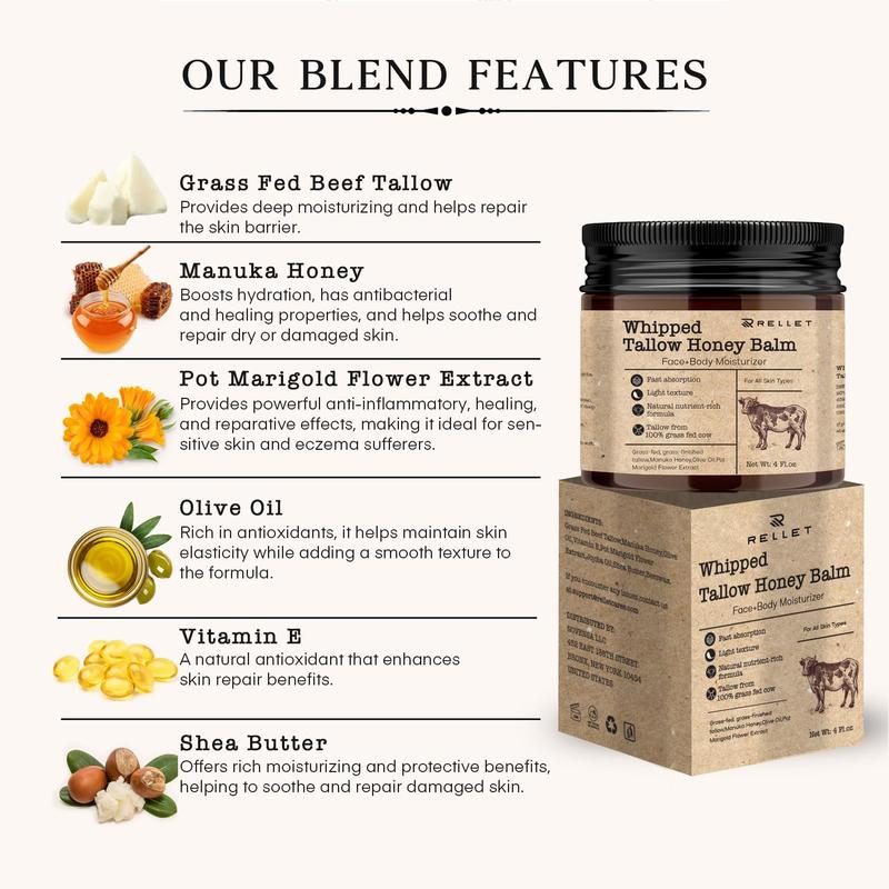 Beef Tallow and Honey Balm for Skin : Grass Fed Whipped Beef Tallow With Honey Face Body Moisturizer 4oz - Organic Unscented Fast Absorption Tallow Cream Infused with Manuka Honey Beeswax Olive Oil