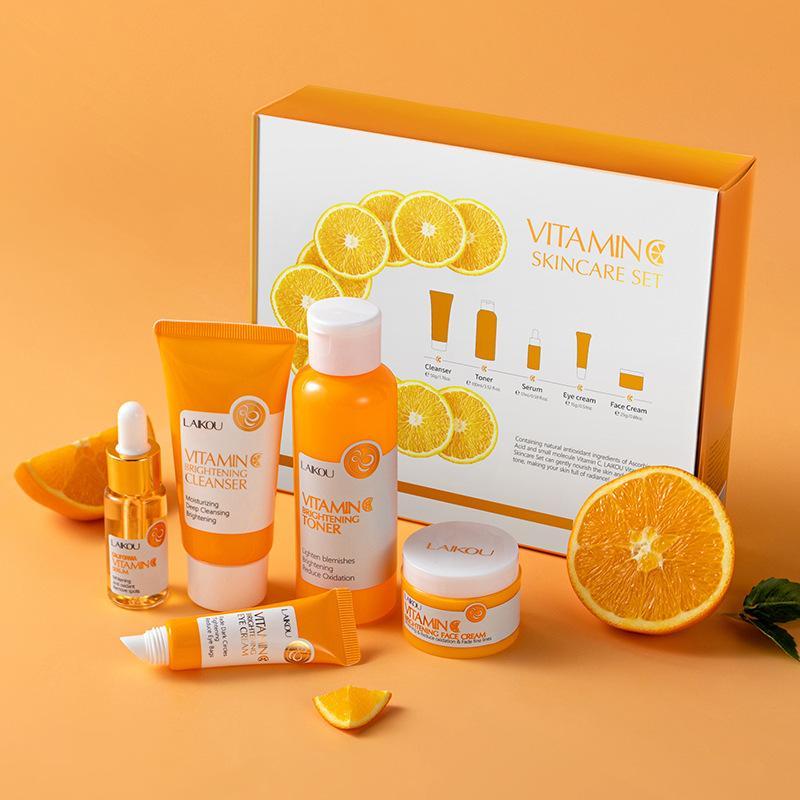 Vitamin C Skin Care Kit, 5pcs set Moisturizing Facial Skincare Kit, Including Facial Cleanser, Toner, Serum, Eye Cream, Essence Cream, Trending Products, Skincare Products