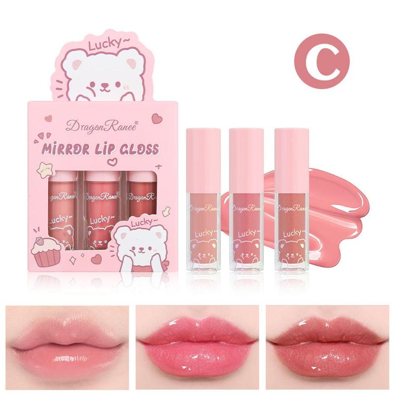 Cute Cartoon Bear Pattern Moisturizing Lip Gloss, 3 Counts set Glitter Mirror Lip Glaze Stick, Plumping Lip Oil for All Occasions Makeup, Christmas Gift