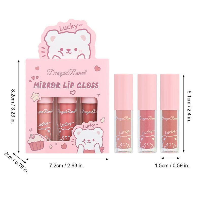 Cute Cartoon Bear Pattern Moisturizing Lip Gloss, 3 Counts set Glitter Mirror Lip Glaze Stick, Plumping Lip Oil for All Occasions Makeup, Christmas Gift