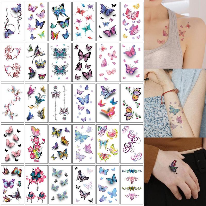 Butterfly Flowers Pattern Temporary Tattoo Sticker, 30pcs set Waterproof Arm Hand Tattoo Stickers, Body Decoration for Women & Girls