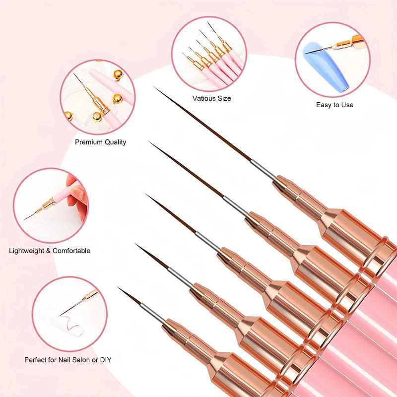 Nail Art Painting Brush Set, 5 Counts set Fine Liner Brushes for Nails, Liner Nail Brush Set for Acrylic, Manicure & Pedicure Tools for Women & Girls