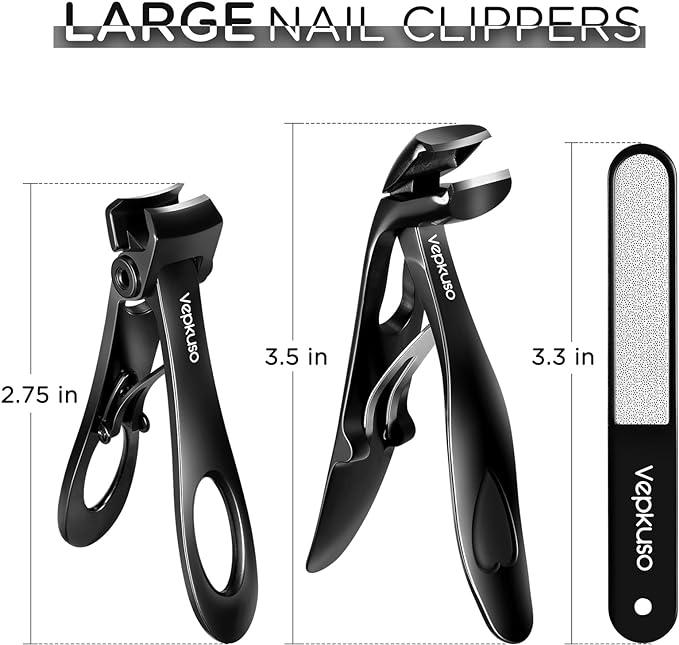 Fanimail Nail Clippers for Seniors, Wide Jaw Fingernail Clippers and Angled Head Toenail Clippers for Thick Nail, Stainless Steel Professional Nail Cutter with File for Men, Women&Pregnant，Black