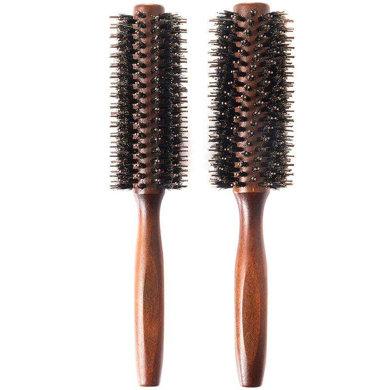 Boar Bristle Round Hair Brush Set with Nylon Pin, Wooden Handle for Straightening Curling Volumizing and Detangling (2 in 1) Haircare Heatless