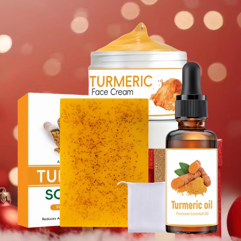 Turmeric Soap Bar & Turmeric Oil & Turmeric Cream Set, 1 2 Sets Moisturizing Facial Skin Care Kit, Daily Skincare Product for Women & Men, Christmas Gift