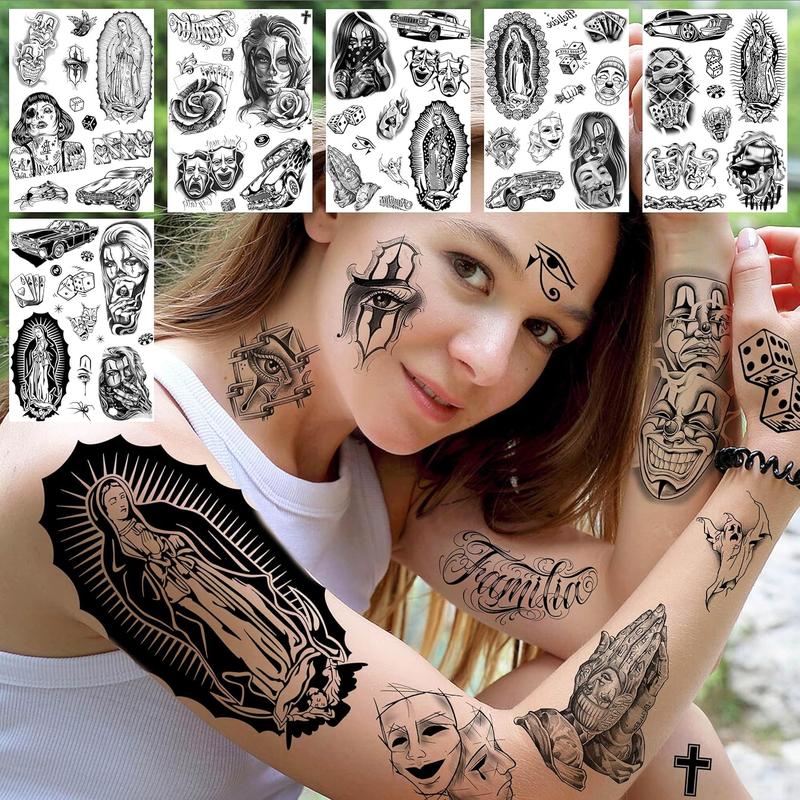 6 Sheets Large Chicano Temporary Tattoos For Men Women Adult, Chicana Guadalupe Gangster Fake Tattoos Prisoner Day of the Dead, Halloween Mexico Tattoo Stickers, Tatuajes Temporales Autocolante